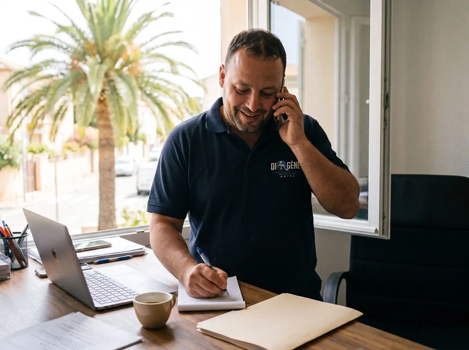 David au téléphone avec un client